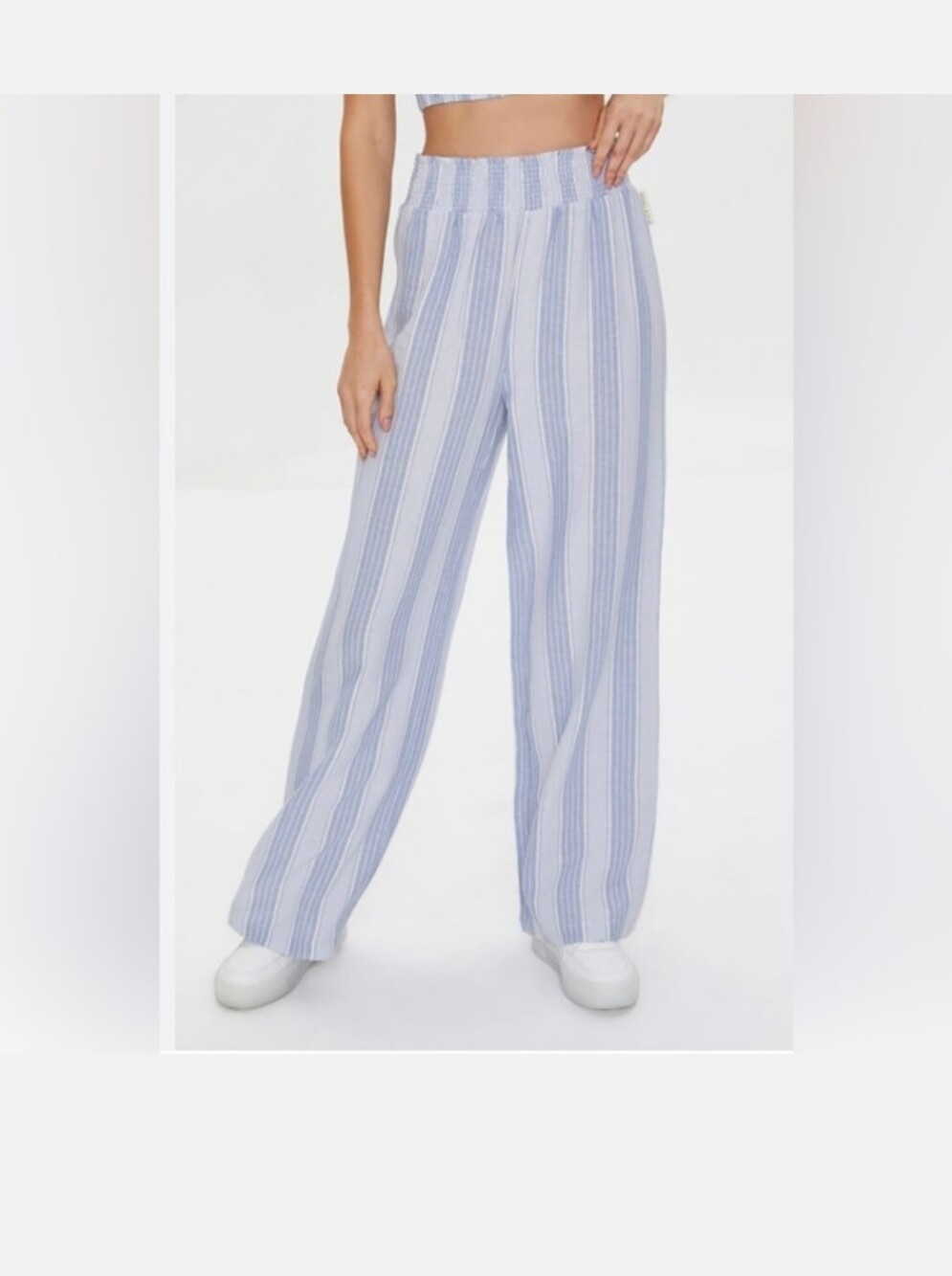 Kendall & Kylie Blue and White Striped Elastic Waist Wide-Leg Pants